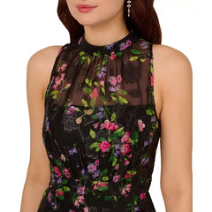 Adrianna Papell Womens Floral Print Ruffled Sleeveless A Line Dress, Elegant Daytime or Garden Party Outfit, Black Multi , Size 16