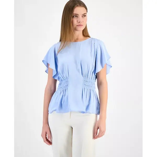 Anne Klein Petite Smocked Waist Flutter Sleeve Top, Stylish Lightweight Feminine Blouse