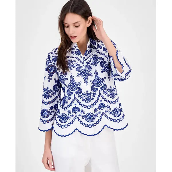Anne Klein Womens Cotton Eyelet Scalloped Shirt, Lightweight Feminine Button Down Top, Bright White/santorini Blue