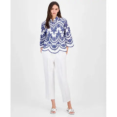 Anne Klein Womens Cotton Eyelet Scalloped Shirt, Lightweight Feminine Button Down Top, Bright White/santorini Blue