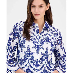 Anne Klein Womens Cotton Eyelet Scalloped Shirt, Lightweight Feminine Button Down Top, Bright White/santorini Blue