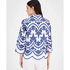 Anne Klein Womens Cotton Eyelet Scalloped Shirt, Lightweight Feminine Button Down Top, Bright White/santorini Blue
