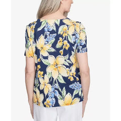 Alfred Dunner Women's Floral Braided Crew Neck Top, Navy, Size Small