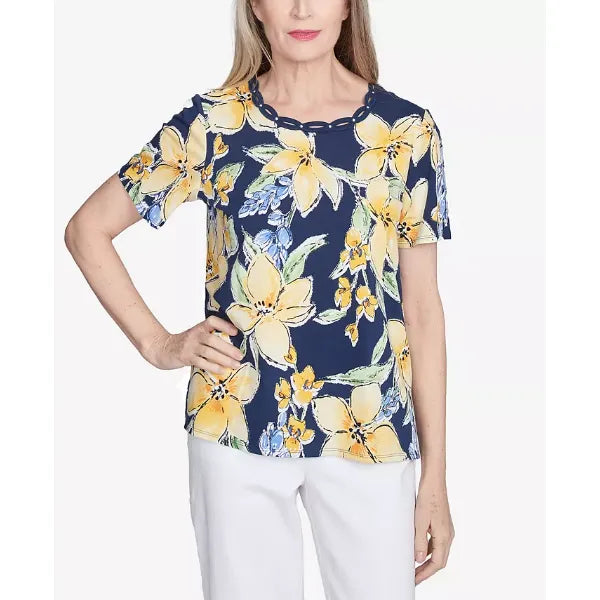 Alfred Dunner Women's Floral Braided Crew Neck Top, Navy, Size Small