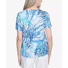 Alfred Dunner Women's Animal Printed Top with Ruched Sides, Blue