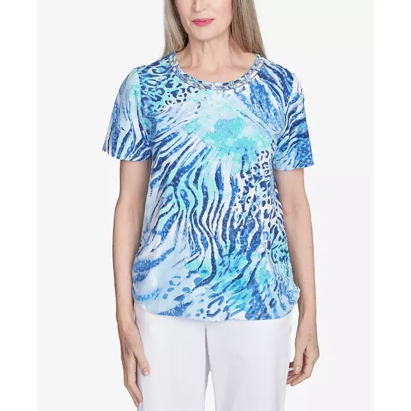 Alfred Dunner Women's Animal Printed Top with Ruched Sides, Blue