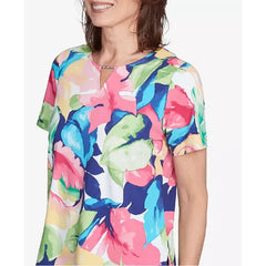 Alfred Dunner Women's Tropical Leaf Split Beaded Neck Top, Bright