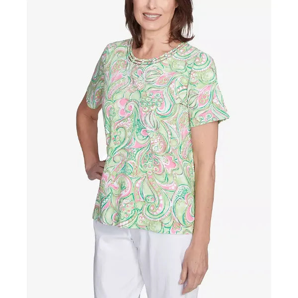 Alfred Dunner Women's Abstract Scroll Crew Neck Top, Green