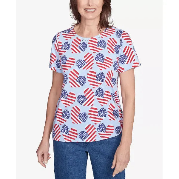 Alfred Dunner Women's Flag Heart Top with Side Ruching, Blue