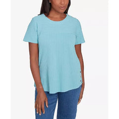 Alfred Dunner Women's Classic Solid Textured Short Sleeve Top, Aqua