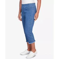 Alfred Dunner Womens Classic Denim Fringe Capri Pant, Casual Stretch Jean Capris