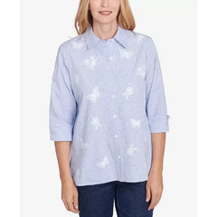 Alfred Dunner Classic Women's Striped Woven Butterfly Button Down Top, Blue