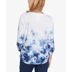 Alfred Dunner Women's Classic Floral Border Ruched Sleeve Henley Top, Navy Multi