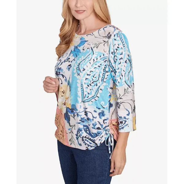 Alfred Dunner Women's Classic Floral Patch Drawstring Top , Navy Multi