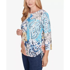 Alfred Dunner Women's Classic Floral Patch Drawstring Top , Navy Multi