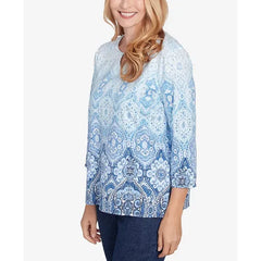Alfred Dunner Women's Classic Split Beaded Neck Ombre Medallion Top, Navy, Size Small