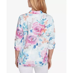 Alfred Dunner Women's Classic Floral Watercolor Button Down Top, Iris