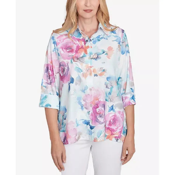 Alfred Dunner Women's Classic Floral Watercolor Button Down Top, Iris