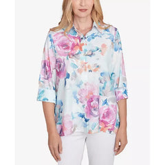 Alfred Dunner Women's Classic Floral Watercolor Button Down Top, Iris