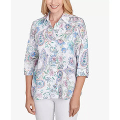 Alfred Dunner Womens Paisley Button Down Top with Cuffed Sleeves
