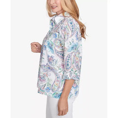 Alfred Dunner Womens Paisley Button Down Top with Cuffed Sleeves