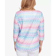 Alfred Dunner Women's Classic Geometric Crewneck Biadere Top, Multi Pink