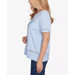 Alfred Dunner Women's Classic Striped Butterfly Short Sleeve Top, Iris