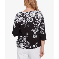 Alfred Dunner Women's Classic Asymmetric Floral Monotone Crewneck Top, Black/White