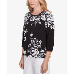 Alfred Dunner Women's Classic Asymmetric Floral Monotone Crewneck Top, Black/White