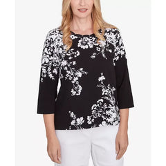 Alfred Dunner Women's Classic Asymmetric Floral Monotone Crewneck Top, Black/White