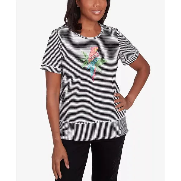 Alfred Dunner Women's Classic Crewneck Parrot Striped Top, Black