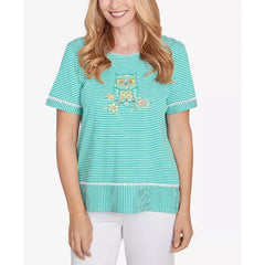Alfred Dunner Women's Classic Owl Knit Striped Top, Jade