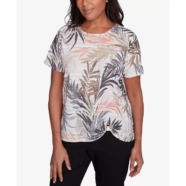 Alfred Dunner Women's Warm Palm Tree Short Sleeve Top, Neutral