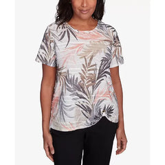 Alfred Dunner Women's Warm Palm Tree Short Sleeve Top, Neutral