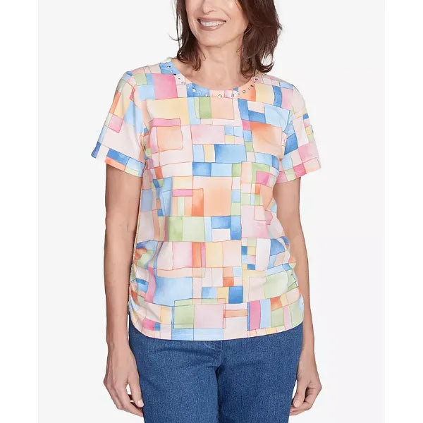 Alfred Dunner Women's Color Block Tile Top with Side Ruching ,Pastel