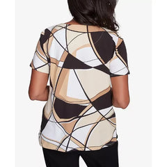 Alfred Dunner Women's Geometric Top with Detailed Neckline, Black/Tan