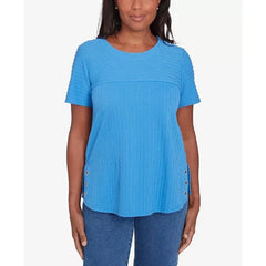 Alfred Dunner Women's Classic Solid Textured Short Sleeve Top, Aqua