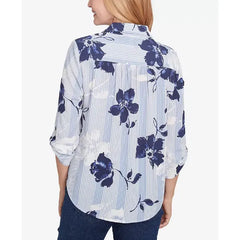Alfred Dunner Petite Classics Striped Flower Button Front Tie Sleeve Blouse, Navy