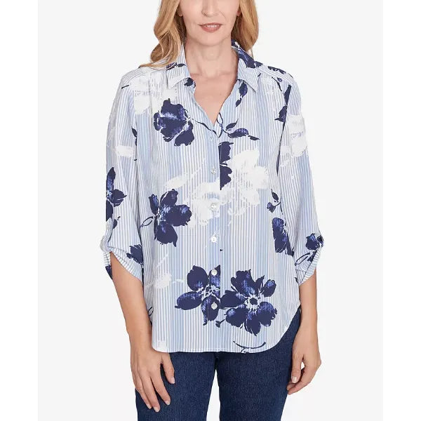 Alfred Dunner Petite Classics Striped Flower Button Front Tie Sleeve Blouse, Navy