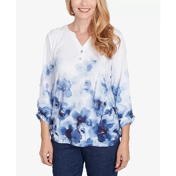 Alfred Dunner Petite Classics Floral Border Ruched Sleeve Henley Top, Navy Multi