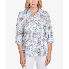 Alfred Dunner Petite Classics Paisley Button Down Cuffed Sleeve Top, Navy Multi , Size PS