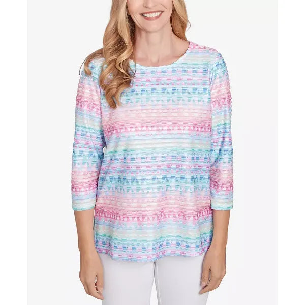 Alfred Dunner Petite Classics Geometric Crewneck Biadere Top, Multi Pink