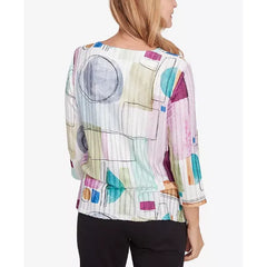 Alfred Dunner Petite Classics Geometric V-Neck Three Quarter Sleeve Top, Neutral Multi