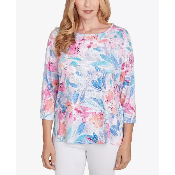 Alfred Dunner Petite Classics Floral Spray Crewneck Top, Multi Purple