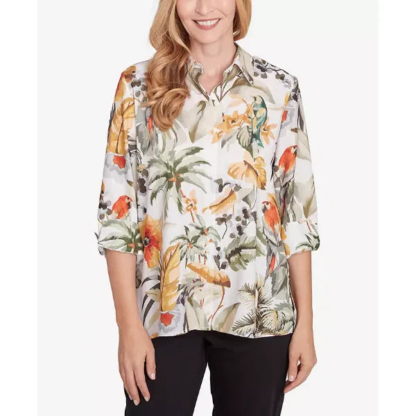 Alfred Dunner Petite Classics Tropical Bird Button Front Top, Olive Multi
