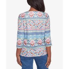 Alfred Dunner Petite Classics Knit Scroll Geometric Crewneck Top, Navy Multi