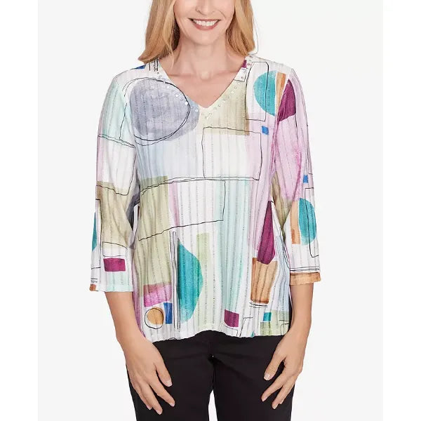 Alfred Dunner Petite Classics Geometric V-Neck Three Quarter Sleeve Top, Neutral Multi