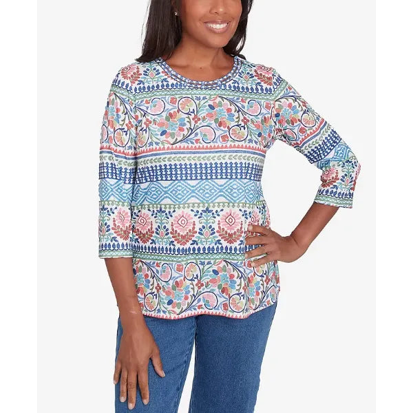 Alfred Dunner Petite Classics Knit Scroll Geometric Crewneck Top, Navy Multi