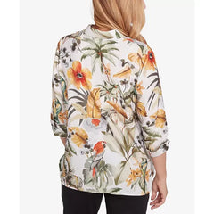 Alfred Dunner Petite Classics Tropical Bird Button Front Top, Olive Multi