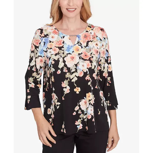 Alfred Dunner Petite Classics Falling Flower Beaded Split Neck Top, Black